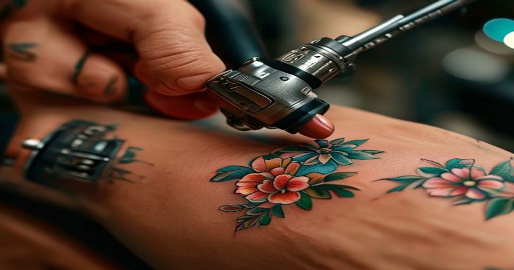 Photorealistic close-up of a professional tattoo artist's hand holding a rotary tattoo machine with a colorful ink cap, working on a detailed floral tattoo on a client's arm. The machine is sleek and