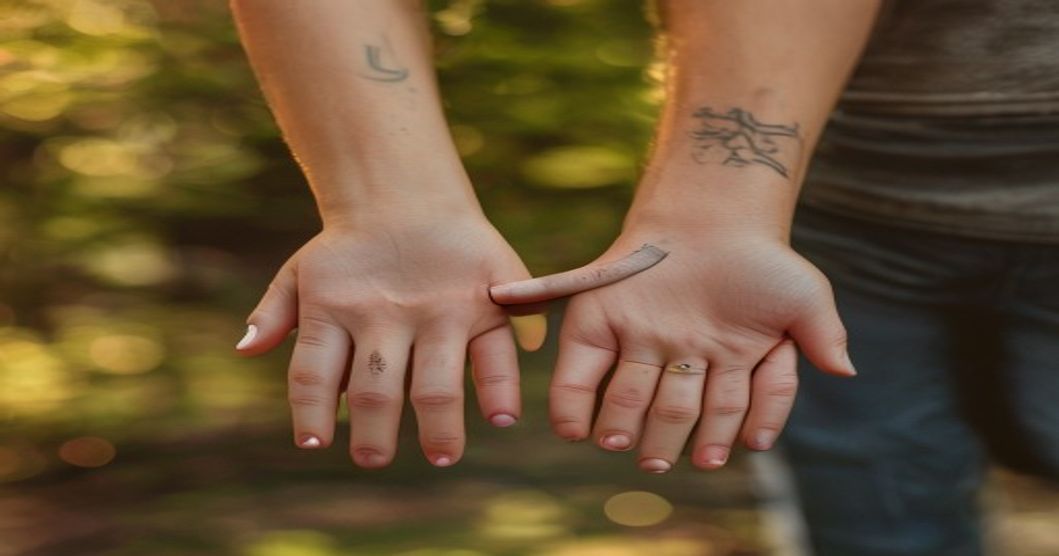 Tatuajes de pareja: significado, diseños y tendencias 3 A realistic close-up photo of a couple's hands with matching minimalist infinity tattoos on their wrists, soft natural lighting, blurred background of a park, warm tones.