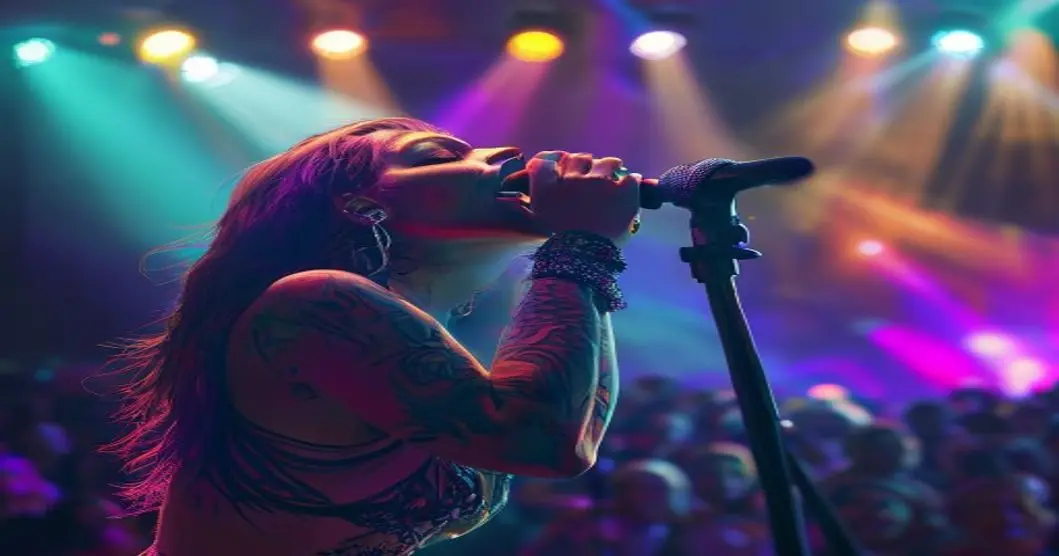 A photorealistic image of a female singer on stage, with visible tattoos on her arms, singing passionately into a microphone under colorful stage lights. The audience is blurred in the background, cre