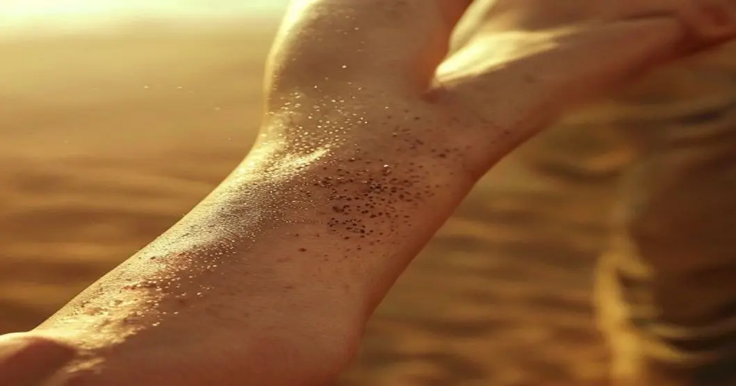 Polvo del Sahara: impacto en tatuajes y cuidado de la piel 19 Photorealistic close-up of a person's arm with a fresh tattoo, showing fine dust particles settling on the skin, with a hazy desert-like background and soft sunlight filtering through dust.