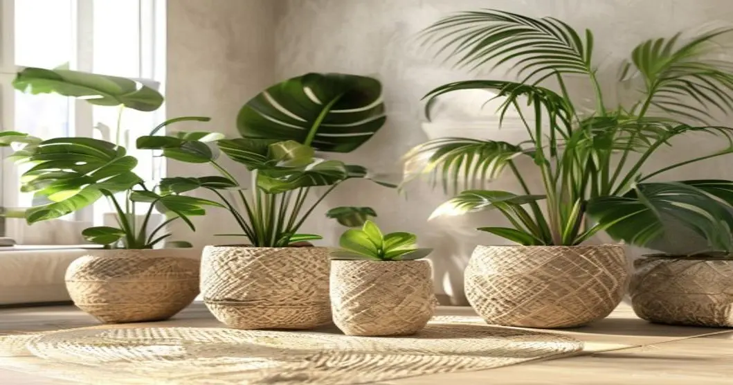 Macetas biodegradables: la tendencia sostenible que arrasa en moda alternativa 17 A photorealistic image of a stylish living room with bohemian decor, featuring various biodegradable plant pots made of coconut fiber, bamboo, and unglazed ceramic. Plants like monstera and ferns are