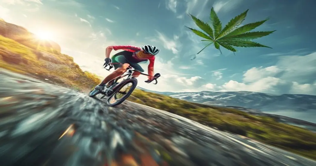 Cannabis y ciclismo: mitos, realidades y rendimiento deportivo 13 A professional cyclist climbing a steep mountain road, with a cannabis leaf subtly integrated into the background landscape, photorealistic, bright daylight, motion blur on wheels, dramatic sky