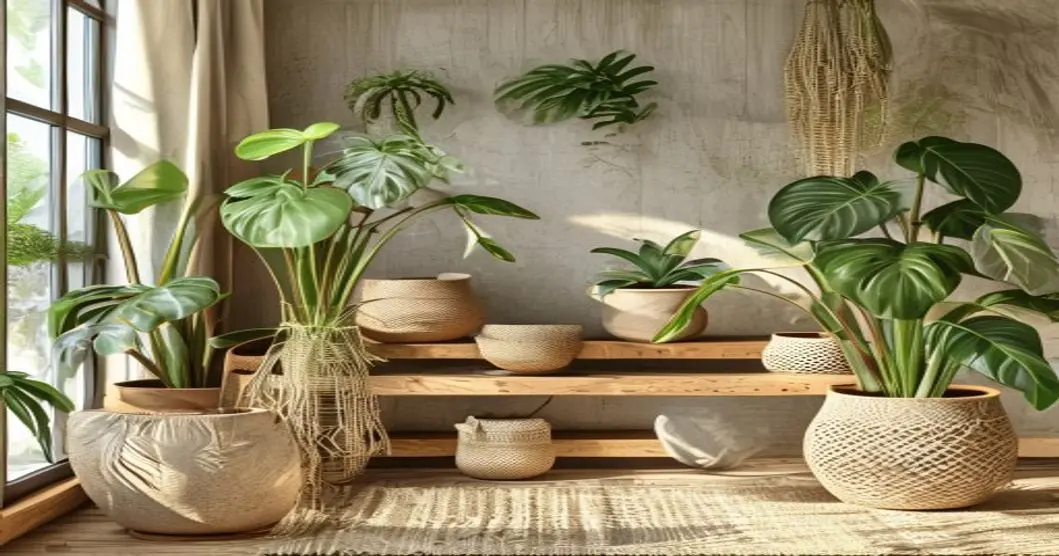 Adiós a las macetas de plástico: tendencia elegante y sostenible 9 Photorealistic image of a stylish living room with a variety of elegant plant pots: terracotta, ceramic, concrete, and woven fiber. Plants like monstera, snake plant, and pothos are placed on wooden s