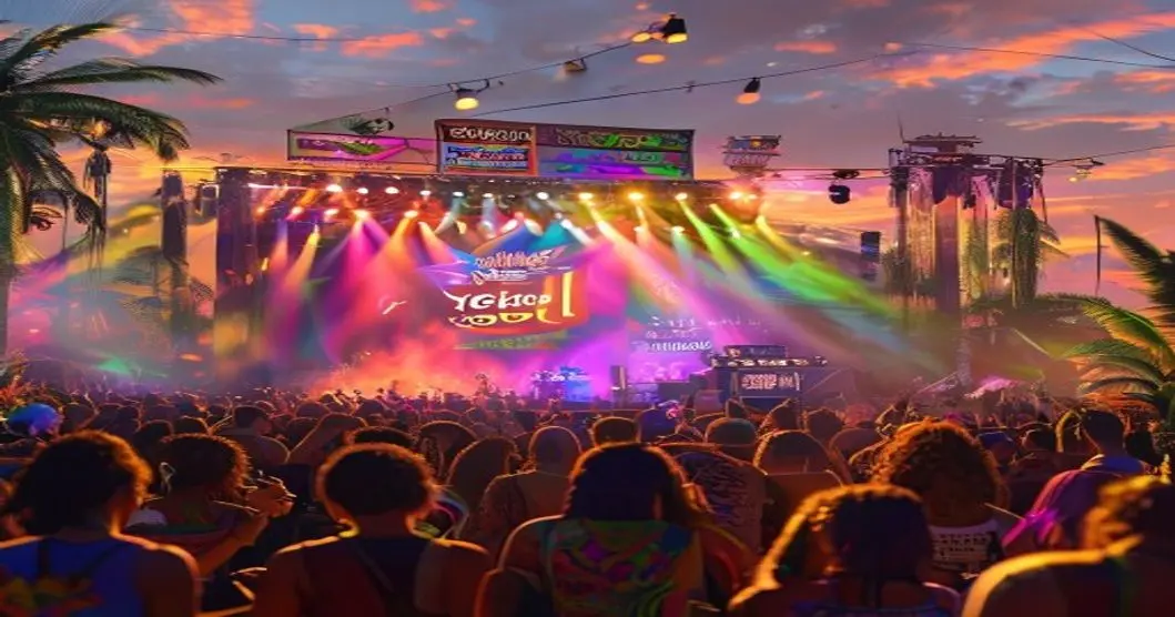 A photorealistic image of a vibrant music festival at sunset, with a diverse crowd enjoying live reggae music. Some attendees are discreetly using cannabis vaporizers. The stage has colorful lights an
