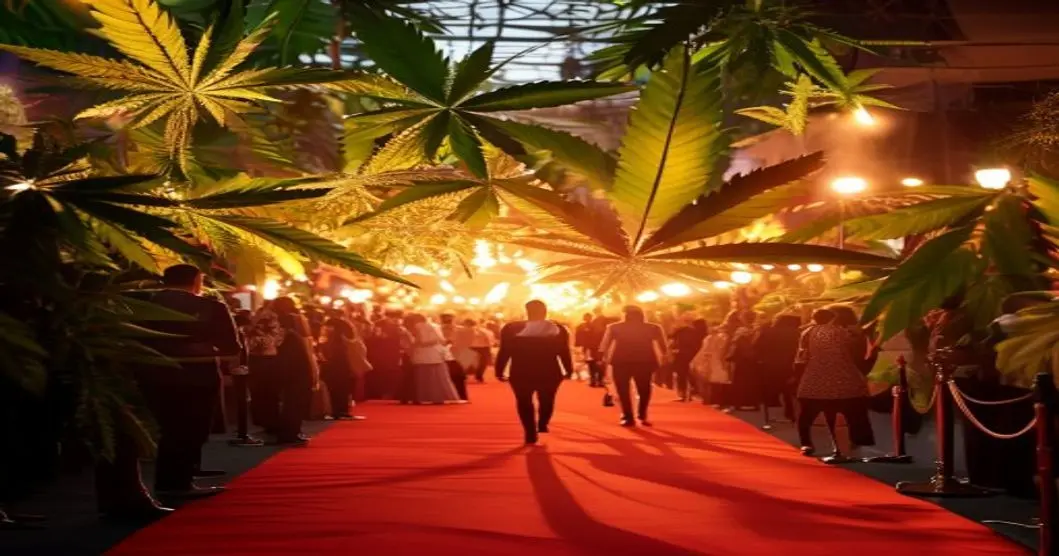 Cannabis y Cine: La Conexión Cannábica en Festivales como Cannes 5 A realistic photo of a film festival red carpet with a cannabis leaf subtly integrated into the background decorations, celebrities walking, and a warm evening atmosphere.