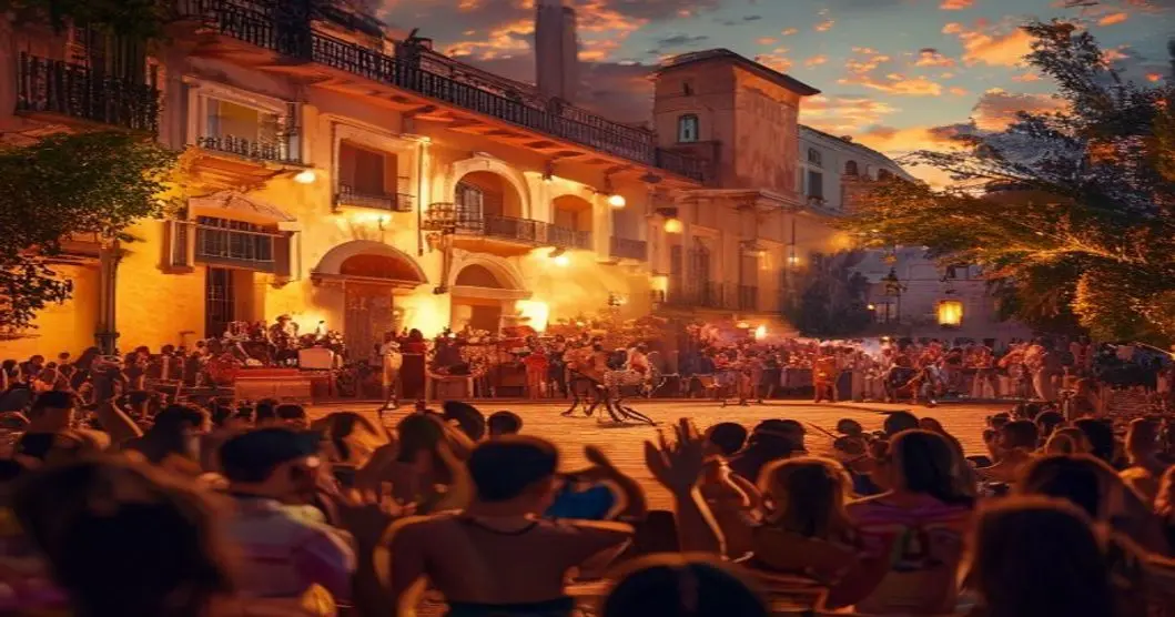 A vibrant summer evening concert in a historic Spanish plaza, with a local band performing on stage, audience clapping and dancing, warm golden hour lighting, traditional and modern elements blending,