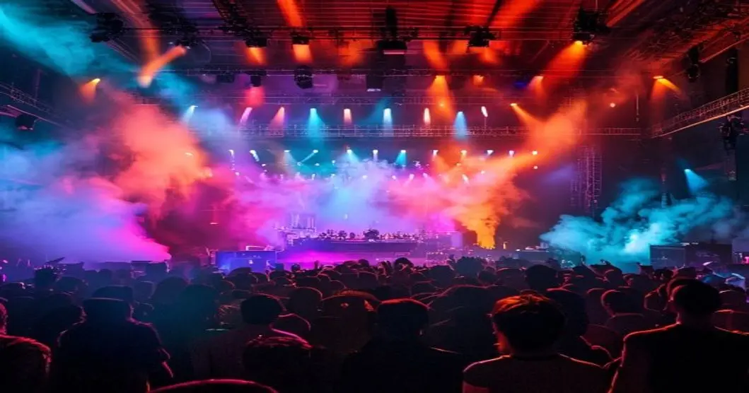 Photorealistic image of a vibrant concert in a Madrid venue, with a crowd of people enjoying live music on stage, colorful lights and smoke effects, modern sound equipment, intimate atmosphere.