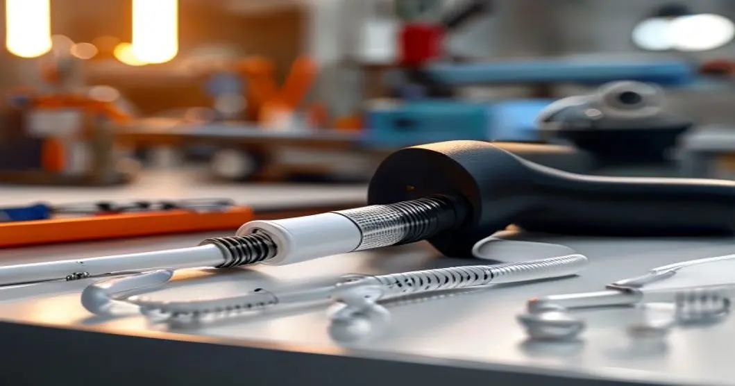 Photorealistic close-up of a tattoo machine coil with white heat shrink tubing covering the wire connections, on a clean workbench with tools like a heat gun and pliers in the background, soft studio