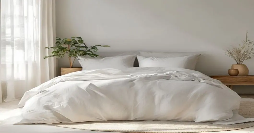 Sábanas de lyocell: la alternativa sostenible que revoluciona el sueño en 2026 15 A photorealistic image of a minimalist bedroom with a bed dressed in crisp, light gray lyocell sheets. The sheets have a subtle sheen and are neatly tucked. Soft natural light from a window illuminate