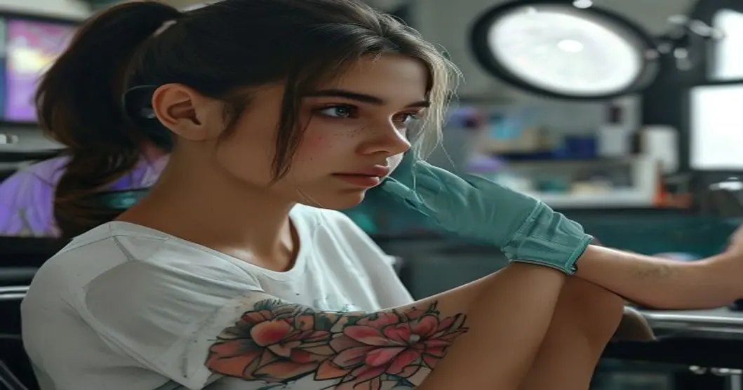 Tatuajes en adolescentes: guía para padres y jóvenes 19 A photorealistic image of a teenage girl looking at her arm with a fresh, small tattoo of a flower, sitting in a clean tattoo studio with a female artist wearing gloves and a mask, soft lighting, real