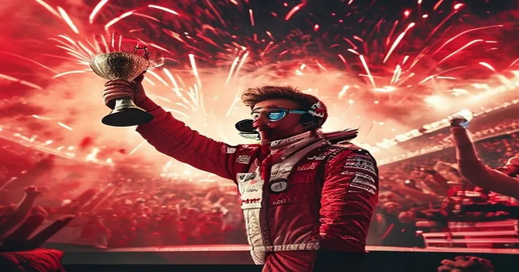Premios Alternativos en F1: Reconociendo Talentos Emergentes como Antonelli 9 A photorealistic image of a young Formula 1 driver celebrating on the podium at the Canadian Grand Prix, holding a trophy, with a crowd cheering and fireworks in the background. The scene is vibrant w