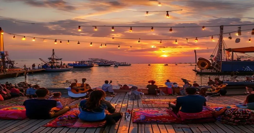 Jazz y Flamenco en Puertos: La Fusión Musical que Triunfa en Festivales 16 A photorealistic wide-angle shot of a vibrant jazz and flamenco festival at a port at sunset. The stage is set on a wooden pier with the sea and boats in the background. Musicians play guitar and saxo