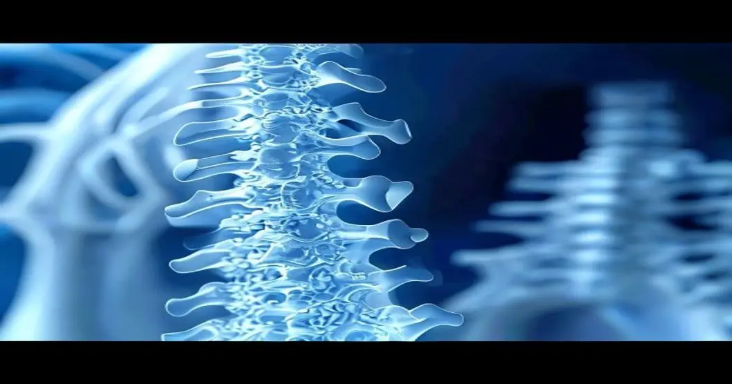 Implantes de hidrogel: revolución en cirugía de columna y bioimpresión 3D 17 Photorealistic 3D reconstruction of a hydrogel intervertebral implant showing stress distribution and failure points, with a spine model in the background, medical visualization style, blue and white