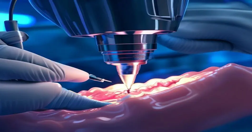 Implantes Dentales Guiados: Revolución en Odontología Digital 13 A photorealistic image of a dental implant surgery using a 3D-printed surgical guide. The guide is placed over the patient's teeth, and a dentist is using a drill through the guide. The scene is in a