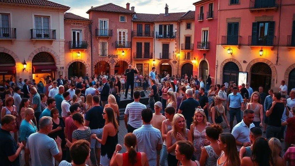 Conciertos y Tardeos en Benavente: El Planazo del Verano 2026 9 A lively evening outdoor concert in a traditional Spanish town square (Benavente), with a band performing on a small stage, crowd of people dancing and enjoying, warm sunset colors, Spanish architectu