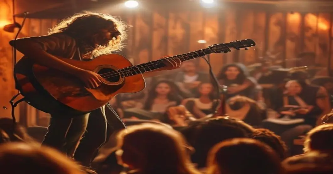 Conciertos íntimos: la nueva tendencia que conquista al público 12 A close-up of a singer performing on a small stage with warm lighting, playing an acoustic guitar, with a small audience of about 50 people sitting closely, looking captivated. The atmosphere is intim