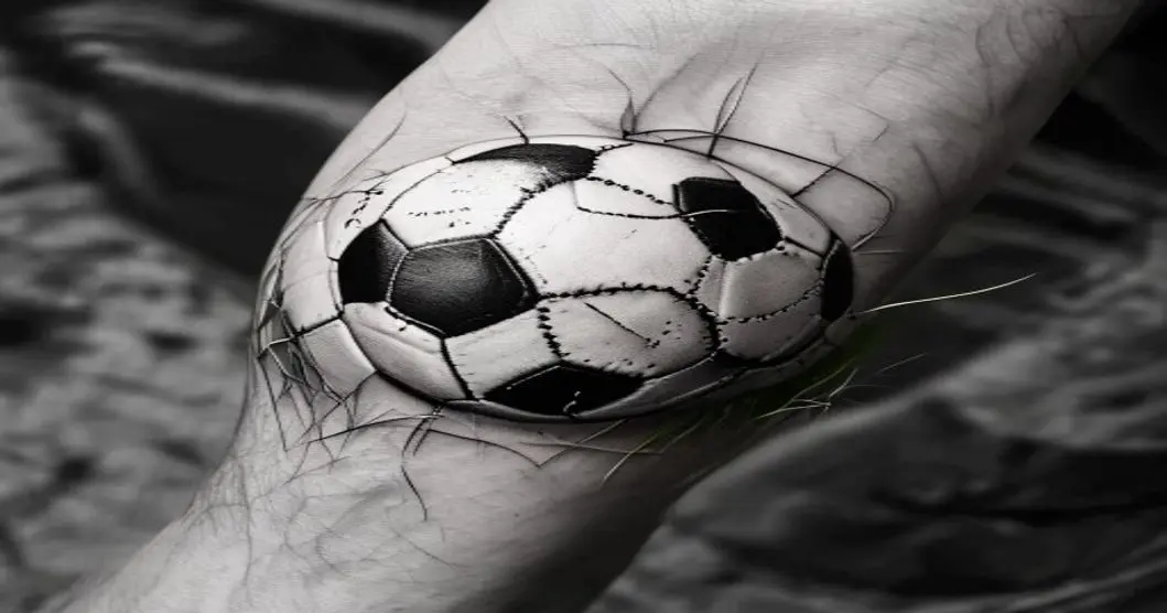 Tatuajes de fútbol: arte, pasión y segundas oportunidades 11 Photorealistic close-up of a classic black and white soccer ball tattoo on a muscular forearm, with detailed shading and stitches, surrounded by subtle grass texture, natural lighting, high contrast,