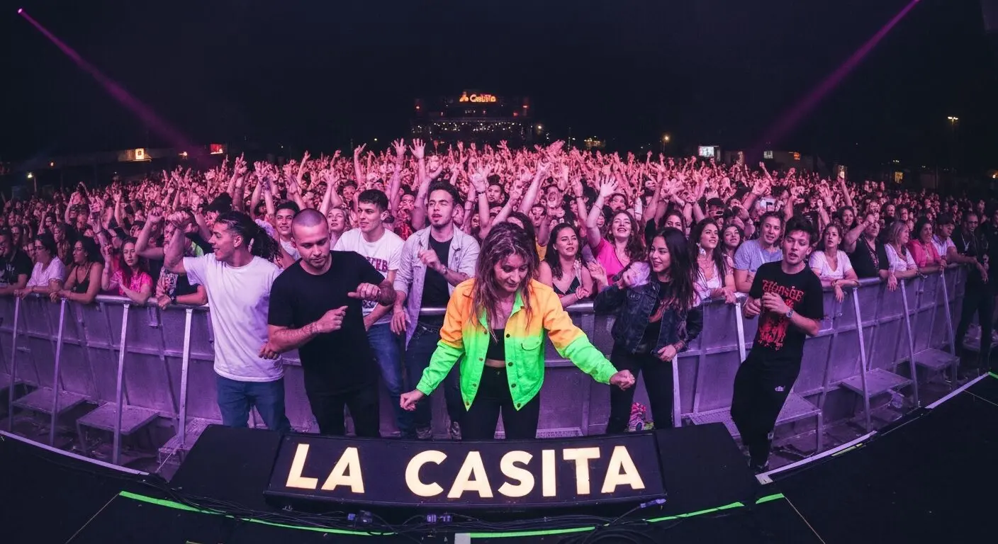 La Casita de Bad Bunny: ¿Cultura Exclusiva o Marketing Provocador? 10 A vibrant concert scene with a spotlighted area near the stage labeled 'La Casita', where a diverse group of young fans dance energetically. The crowd in the background is cheering, and the lighting i