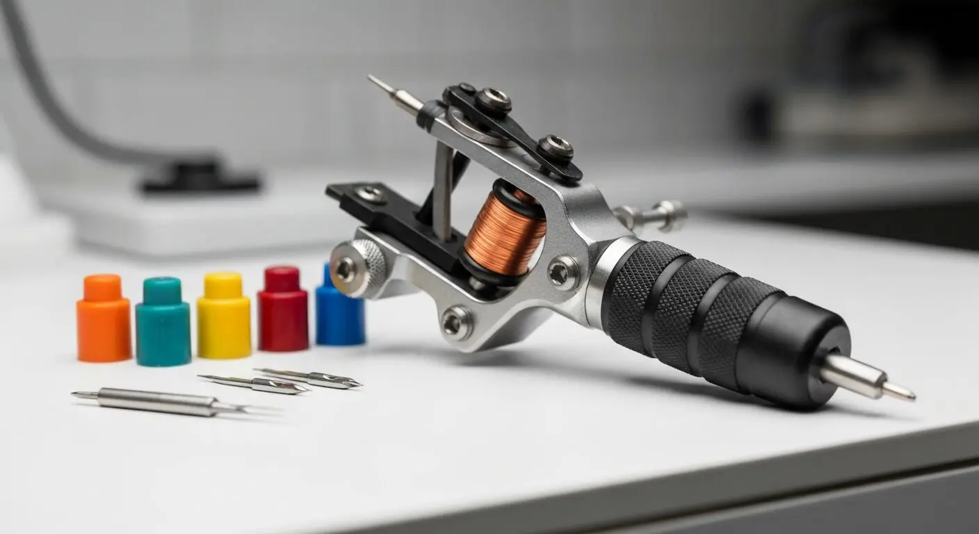 A photorealistic close-up of a professional tattoo machine on a clean workbench, with colored ink caps and tattoo needles arranged neatly. The machine is a silver coil machine with visible copper coil