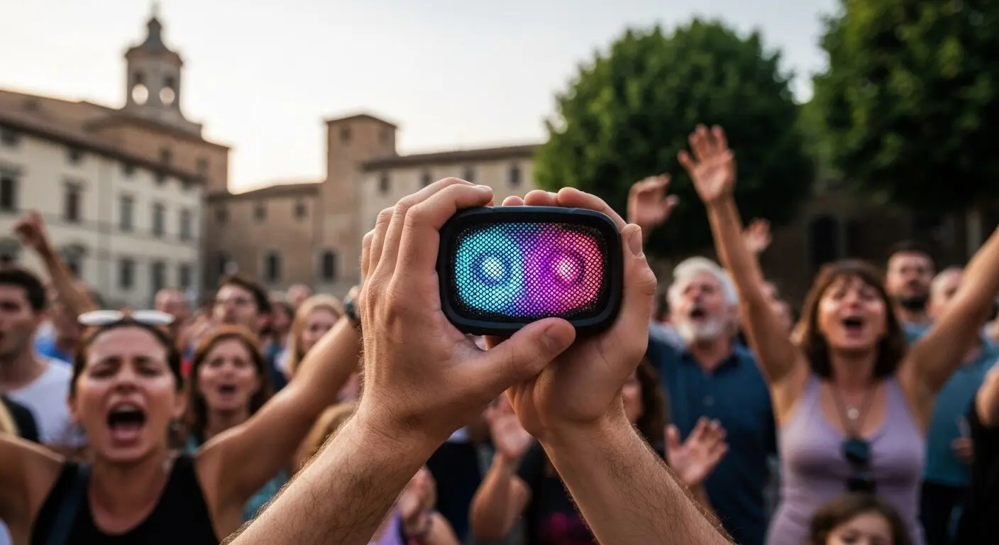 Concentraciones en plazas: el homenaje masivo al Indio Solari en San Juan 7 Close-up of hands holding a portable speaker playing music, surrounded by people singing and raising their arms in a plaza during a tribute concert for Indio Solari, blurred background of historic bui