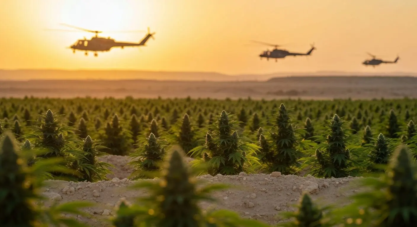 A realistic photo of a cannabis field in the Middle East at golden hour, with military helicopters flying in the distant background, blurred, conveying tension between nature and conflict.
