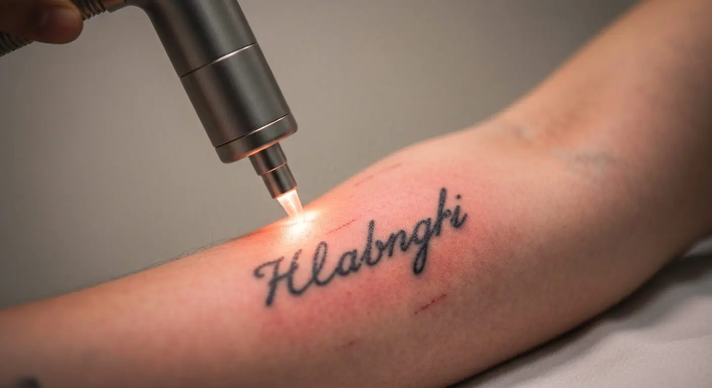Tatuajes de ex parejas: ¿taparlos, borrarlos o conservarlos? 17 Photorealistic close-up of a person's arm with a partially faded tattoo of a name being treated with laser removal, showing reddened skin and laser device in background, clinical setting, soft lightin