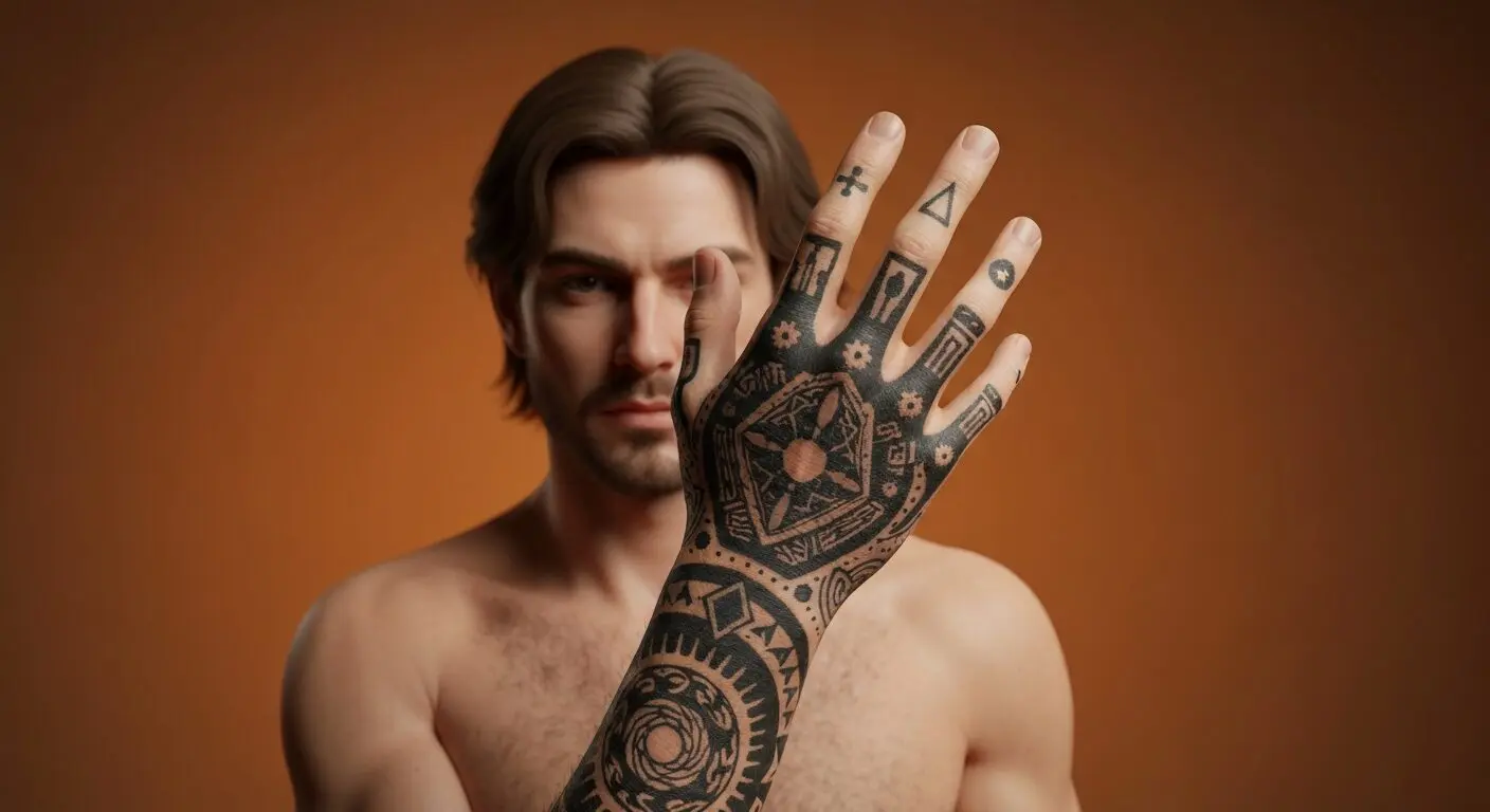 Tatuajes de Machine Gun Kelly: riesgos y efectos secundarios reales 15 A hyper-realistic close-up of a heavily tattooed male hand with signs of infection: redness, swelling, and small pustules around a black ink tattoo. The skin looks irritated, with some keloid scarring