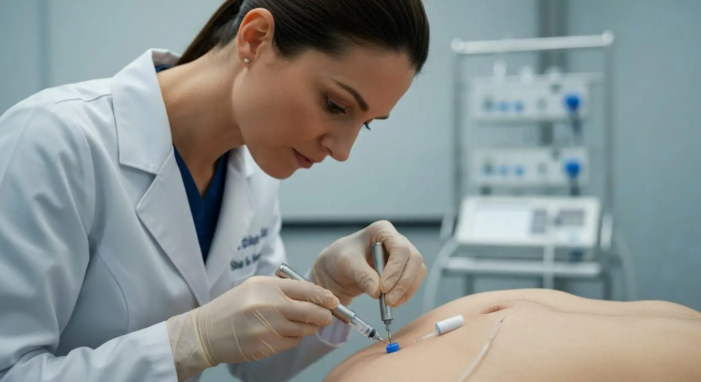 Naltrexona en implantes: ¿la solución para adicciones? 13 Photorealistic close-up of a doctor inserting a small cylindrical naltrexone implant under the skin of a patient's abdomen with a specialized applicator, clinical setting, soft lighting, sterile envir