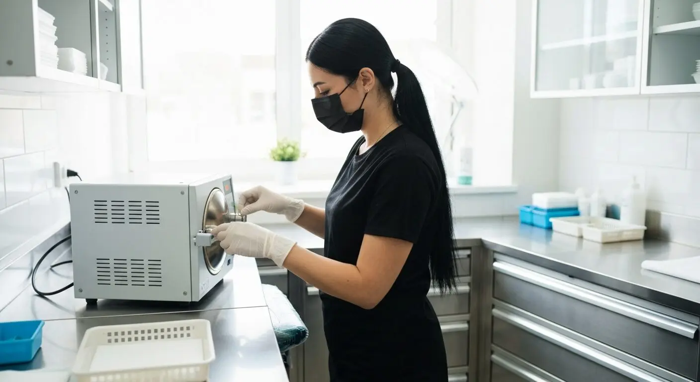 Regulación sanitaria en estudios de tatuaje: lo que debes saber 9 A clean, modern tattoo studio with a professional tattoo artist wearing gloves and a mask, preparing a sterile autoclave machine. Bright lighting, stainless steel surfaces, and organized disposable su