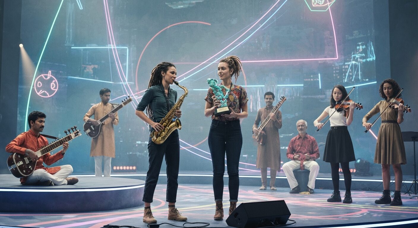 Más allá de los Grammy: premios alternativos que están cambiando el reconocimiento cultural 5 A futuristic award ceremony with a diverse group of musicians and artists, one holding a trophy made of recycled materials, stage set with neon lights and abstract sculptures, photorealistic style, no