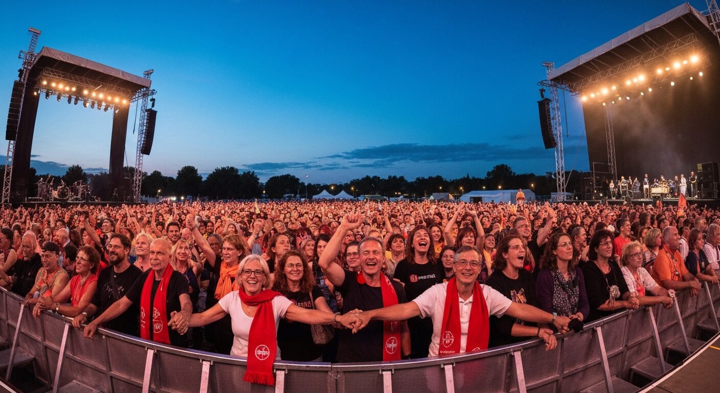 Música con causa: el gesto de Manuel Carrasco con pacientes oncológicos 3 A concert stage with warm lights and a crowd of people, some wearing scarves or holding hands, an atmosphere of hope and solidarity, photorealistic.