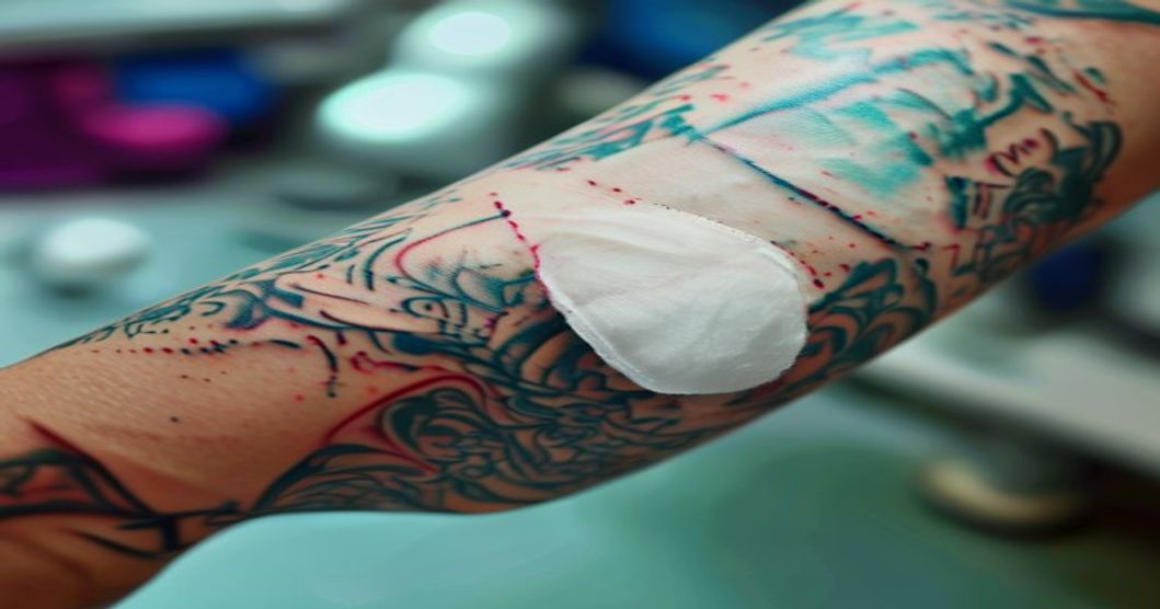 Tatuajes y donación de sangre: mitos y verdades 10 Realistic close-up of a tattooed arm with a cotton ball and medical tape after blood donation, bright clinic setting, high detail, skin texture, vibrant tattoo colors, photorealistic.