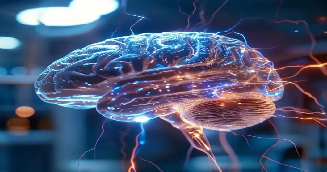 Implantes cerebrales: el fin de la ceguera total 5 A macro photorealistic shot of a human brain with a tiny, translucent neural implant sending tiny electrical pulses, glowing blue light, sterile medical environment background.