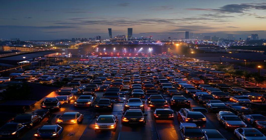 Parking para conciertos: cómo Avilés habilita 1.767 plazas 7 A crowded parking lot with hundreds of cars, transformed for a concert event near a music venue, with stage lights glowing in the distance, Avilés cityscape visible in the background, evening atmosph