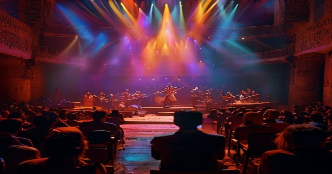 Conciertos en Tánger: Música que cruza el Estrecho 5 A photorealistic scene of a live concert inside the Gran Teatro Cervantes in Tangier, Morocco, with vibrant lighting, a diverse audience, and a band playing fusion music blending Andalusian and Morocc
