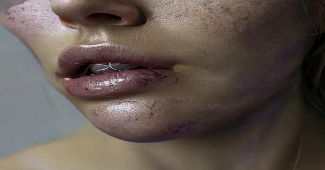 Photorealistic close-up of a female nipple and areola showing early signs of necrosis: dark purple discoloration, slight blistering, with a clean surgical scar below, against a neutral clinical backgr