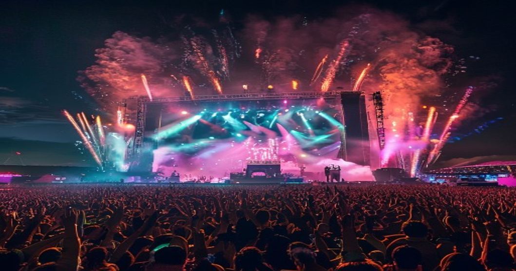 Wide shot of a massive outdoor music festival at night, huge stage with Foo Fighters performing, tens of thousands of fans with hands raised, colorful stage lights and fireworks in the sky, energetic